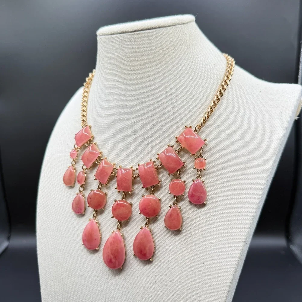 Pink Cabochon Statement Necklace Gold Tone Teardrop Fringe Bib Boho Romantic